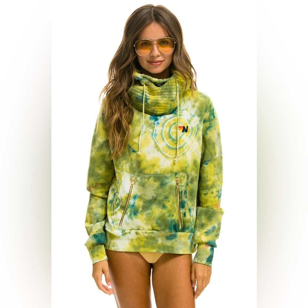 AVIATOR NATION Size L Hand Dyed Ninja Pullover Hoodie Tie Dye Green Yellow